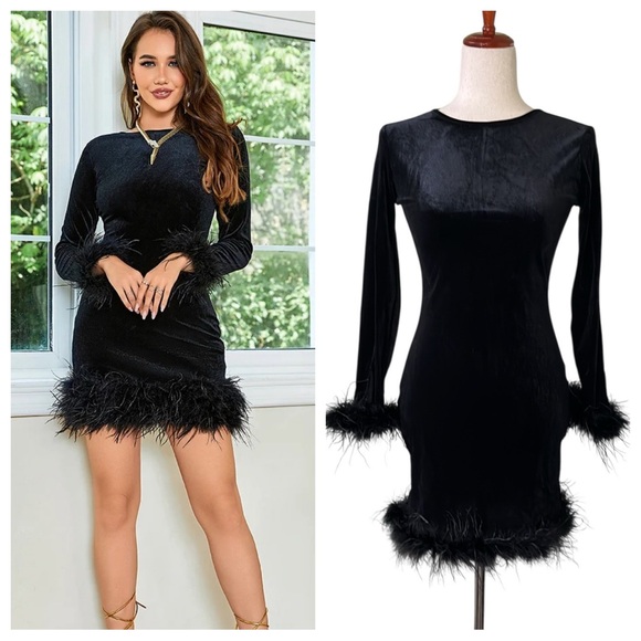 Cherley Feather Trim Long Sleeve Velvet Minidress - Picture 1 of 10